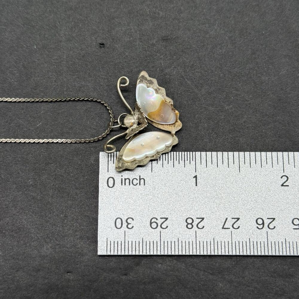 Vintage Sterling Silver Mother of Pearl Butterfly Pendant Necklace Carved Shell - Picture 6 of 7